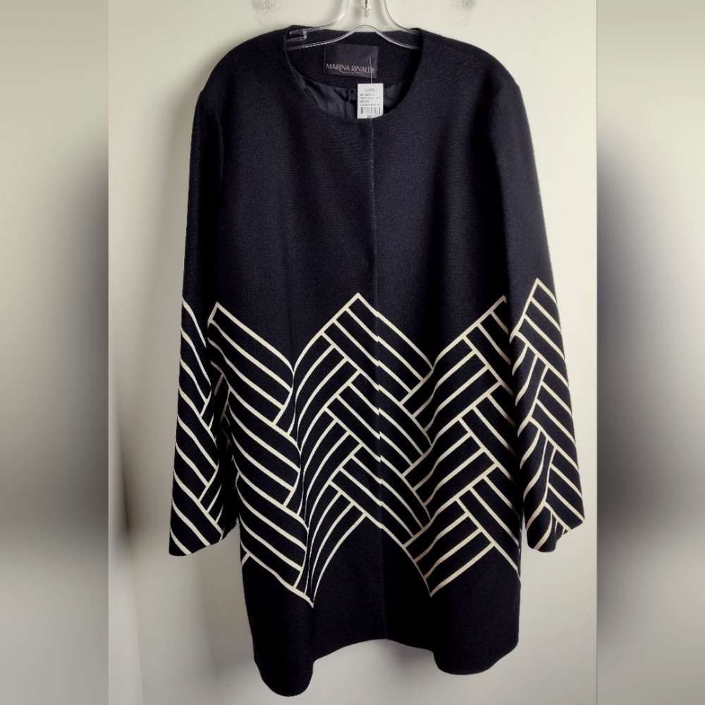NWT Marina Rinaldi Noto Jacquard Duster wool Coat black gold 22 plus